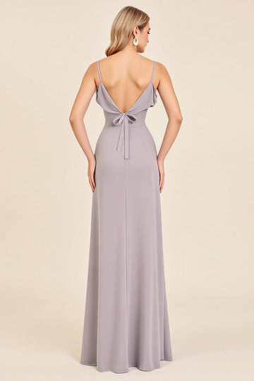 Silver Sheath Spaghetti Straps Ruched Satin Long Bridesmaid Dress with Slit